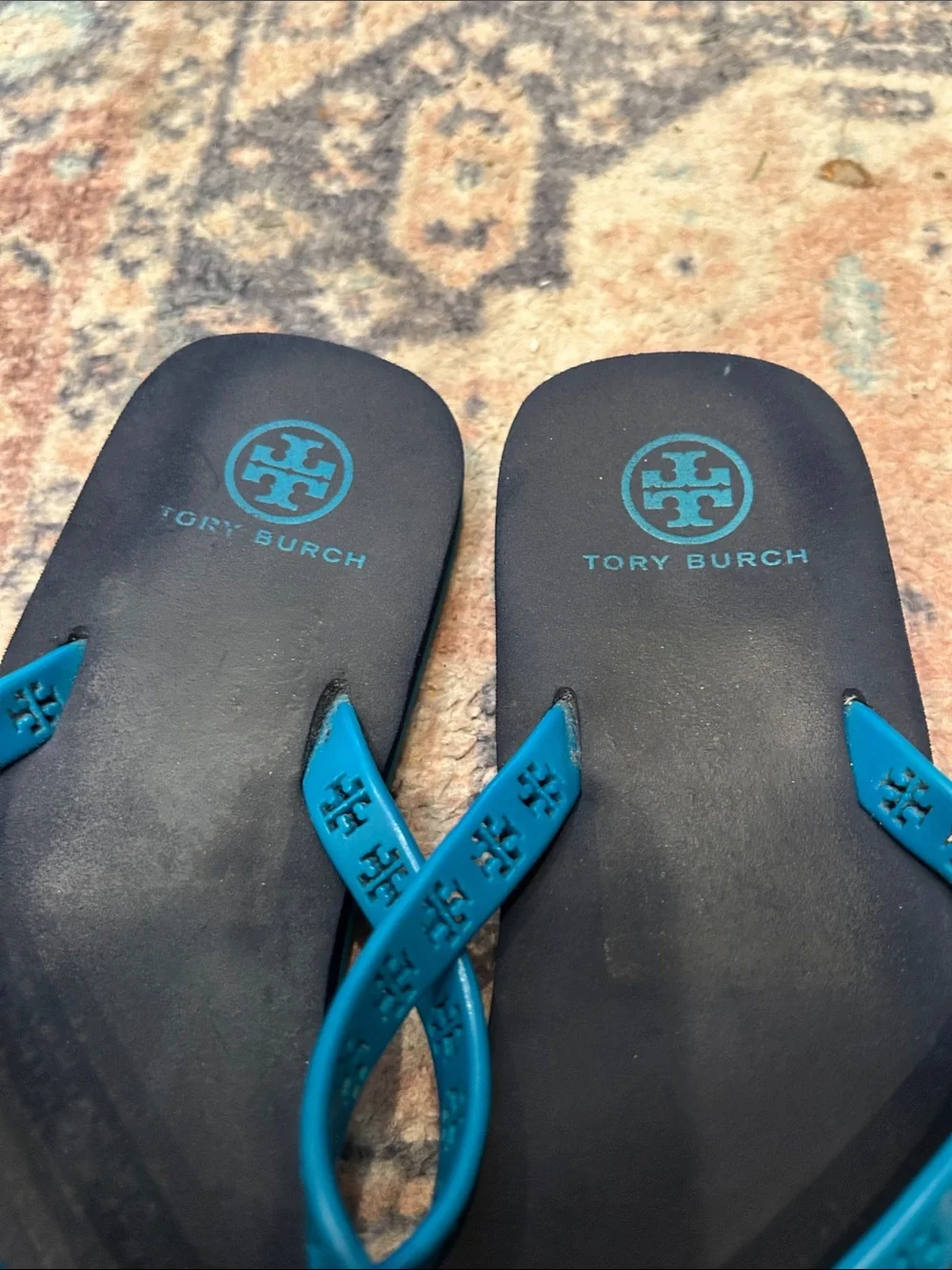 Tory Burch Teal Logo Thong Sandals